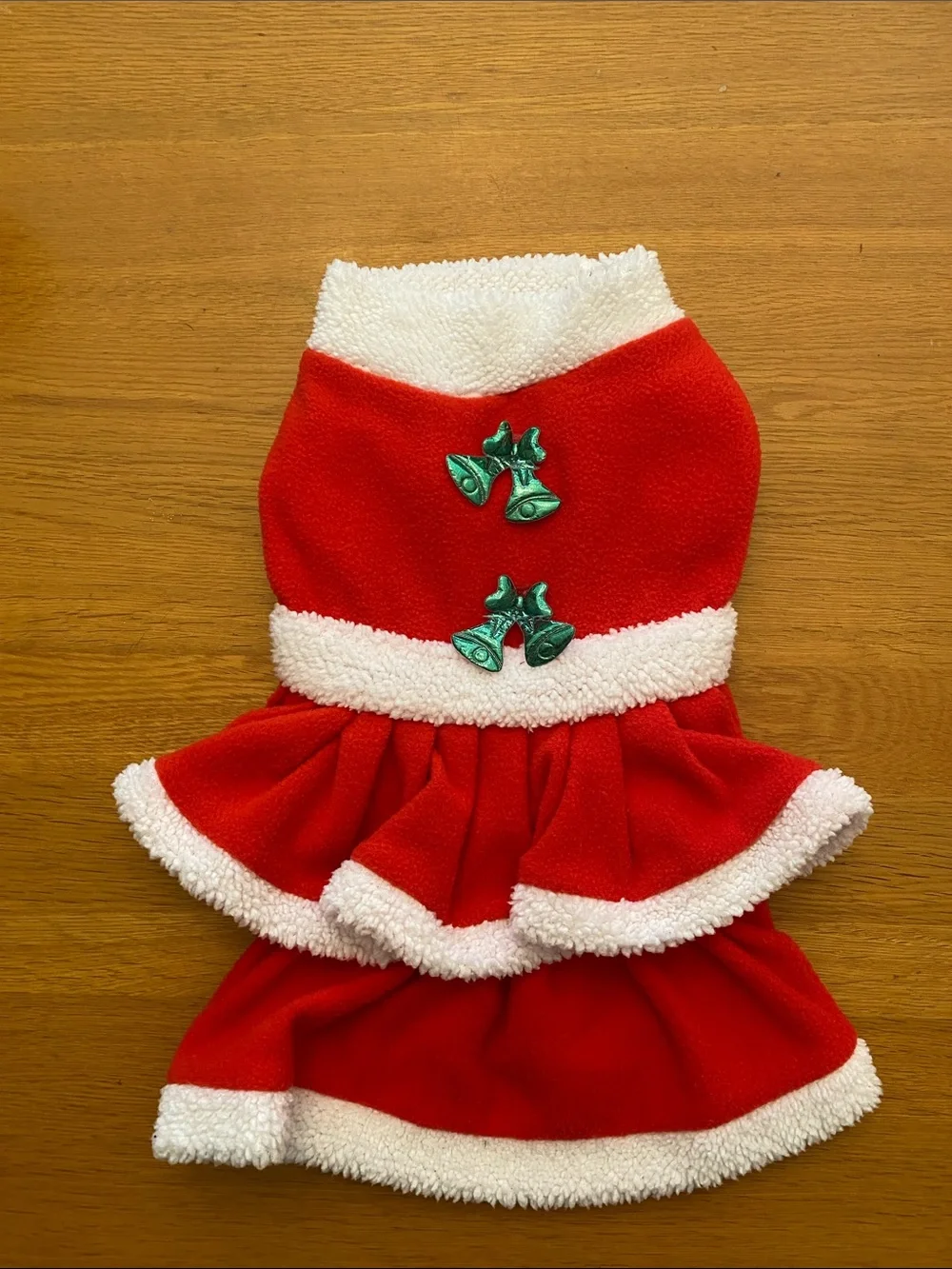 Festive Red & White Ruffle Dog Dress with Green Bell Accents